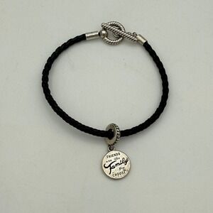 Pandora Black Braided Leather Bracelet Friends Family You Choose Charm 6.75in